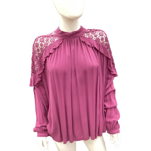 Free People Women’s Top SZ M Long Sleeve Crochet Arms Button Closure Purple - Picture 1 of 4